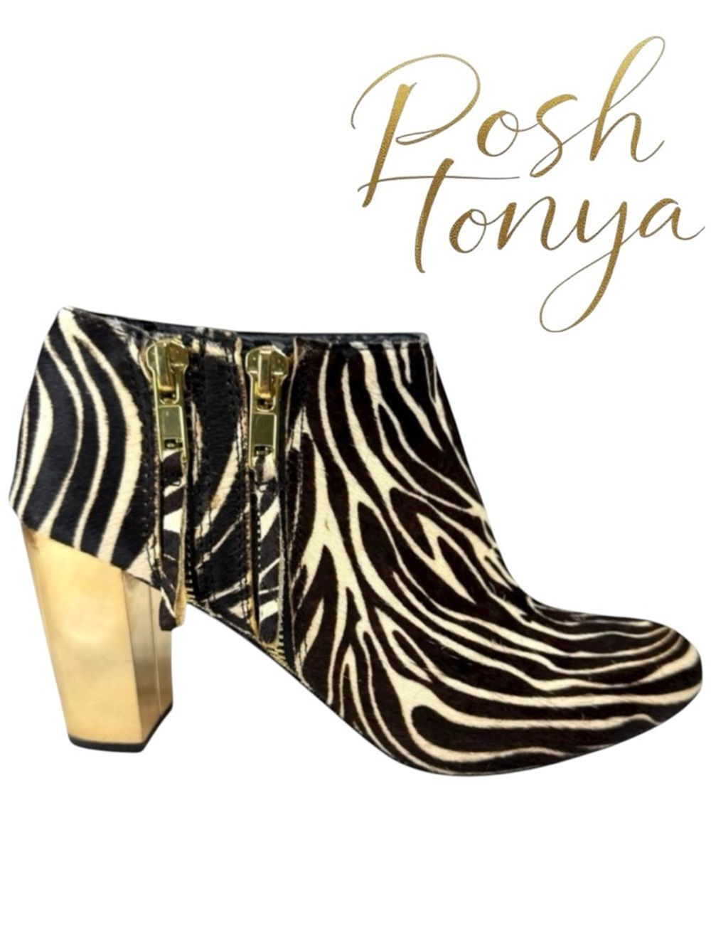 DV Dolce Vita Nimbus Zebra Gold Block Heel Ankle Booties Size 6 Festival